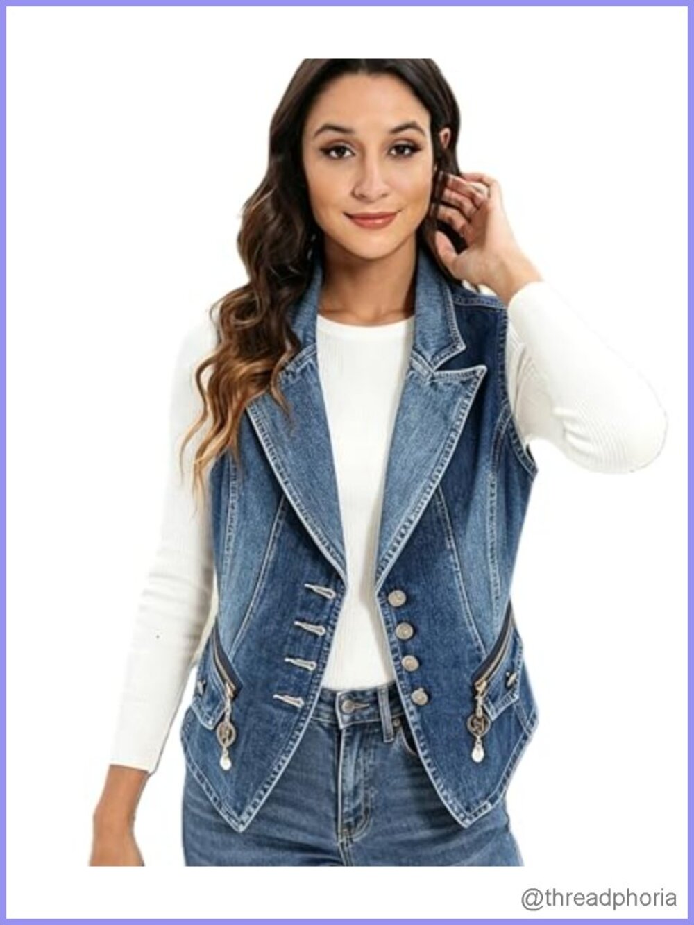 Denim Vest Sleeveless Jean Jacket Lapel Collar Zipper Pockets